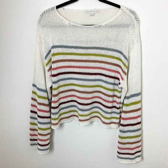 Lovestitch Beige Muted Rainbow Stripe Boxy Knit Sweater Small - Picture 2 of 7